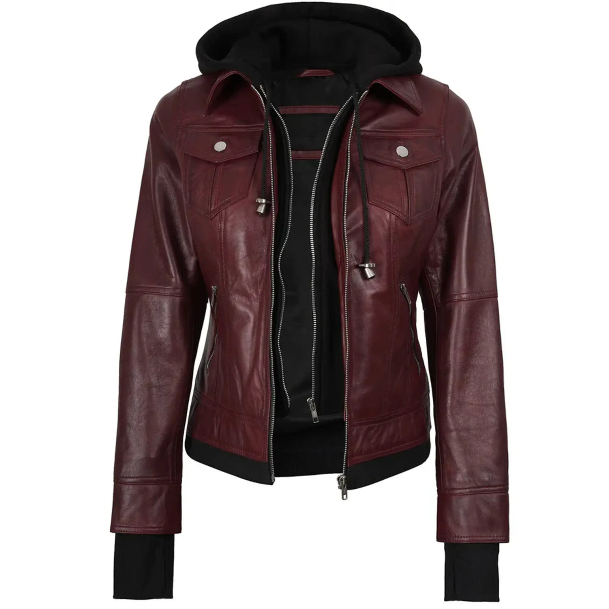 Womens Leather Bomber Burgundy Jacket with Removable Hood
