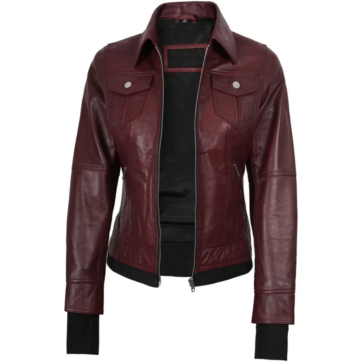 Womens Leather Bomber Burgundy Jacket with Removable Hood