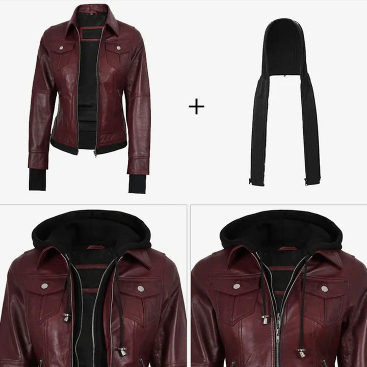 Womens Leather Bomber Burgundy Jacket with Removable Hood