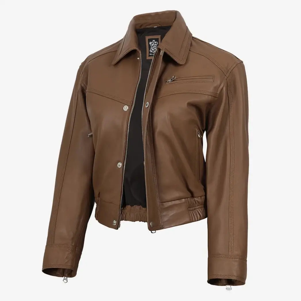 Women's Light Brown Real Lambskin Leather Bomber Jacket