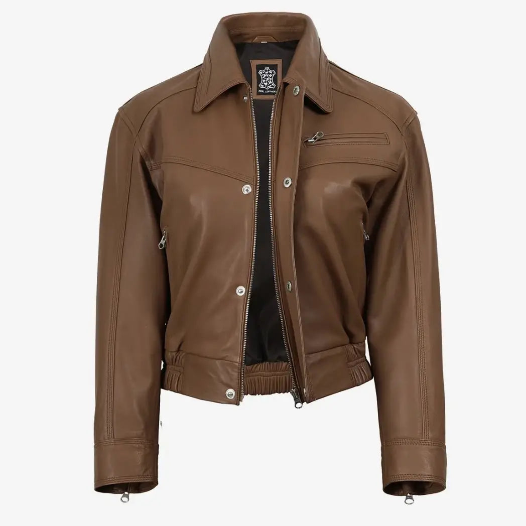 Women's Light Brown Real Lambskin Leather Bomber Jacket
