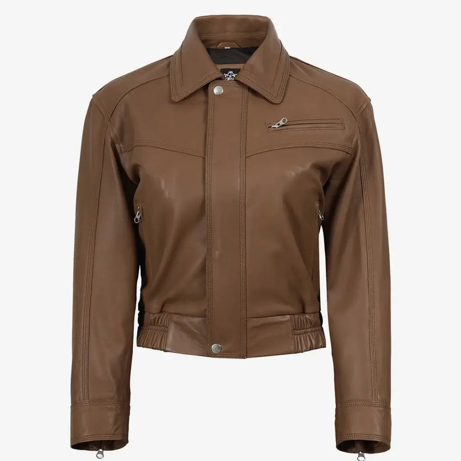 Women's Light Brown Real Lambskin Leather Bomber Jacket