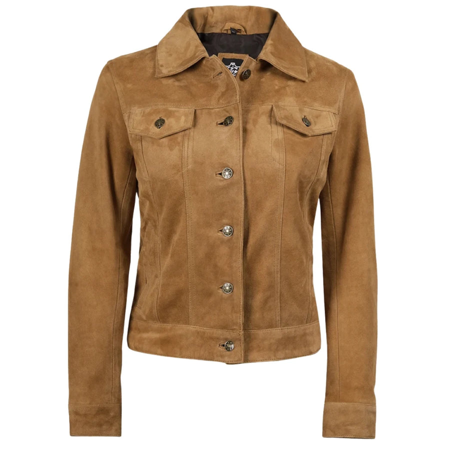 Women's Light Brown Suede Leather Trucker Jacket