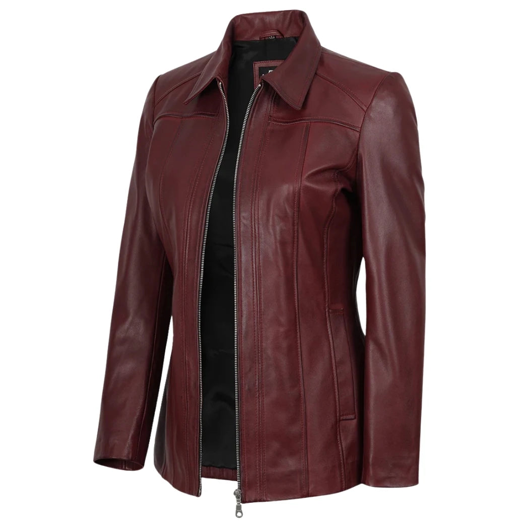 Women's Maroon Sheepskin Leather Car Coat