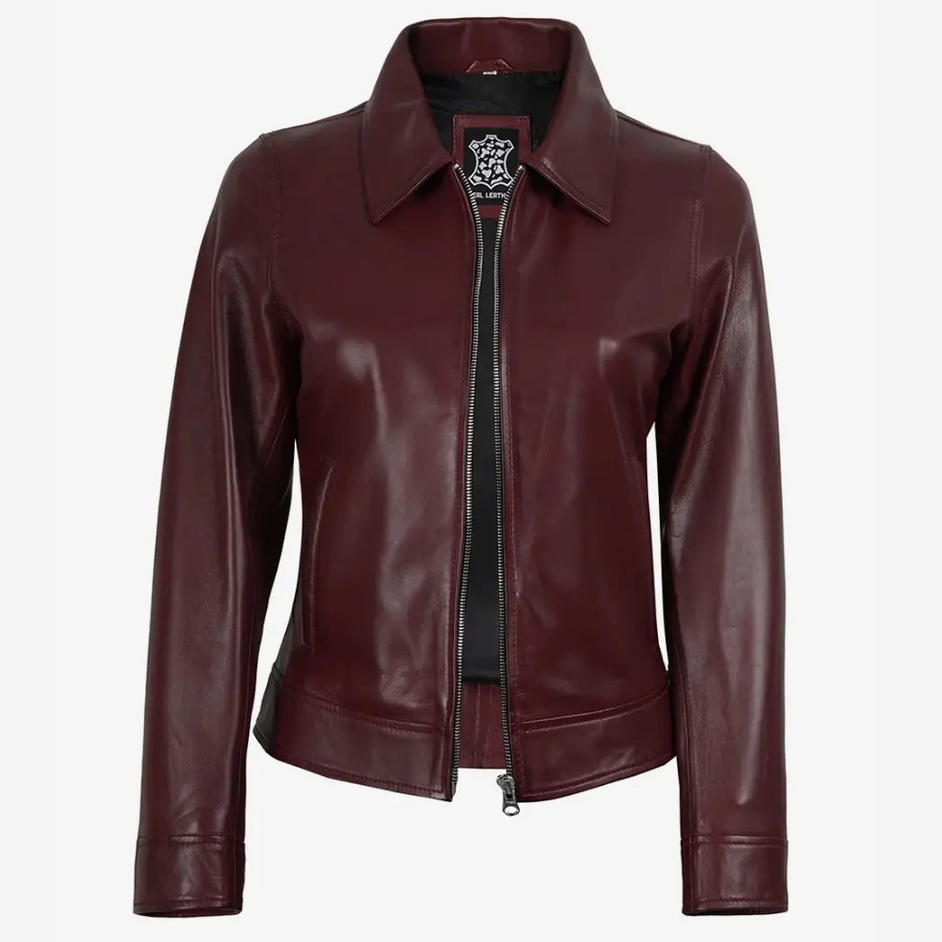 Women's Maroon Waxed Shirt Collar Harrington Leather Jacket