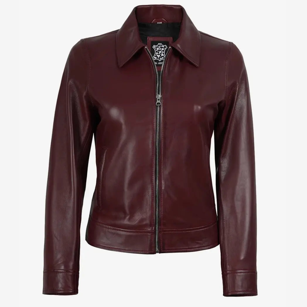 Women's Maroon Waxed Shirt Collar Harrington Leather Jacket