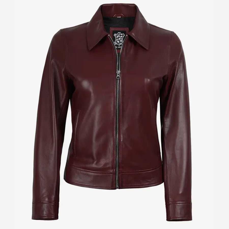 Women's Maroon Waxed Shirt Collar Harrington Leather Jacket