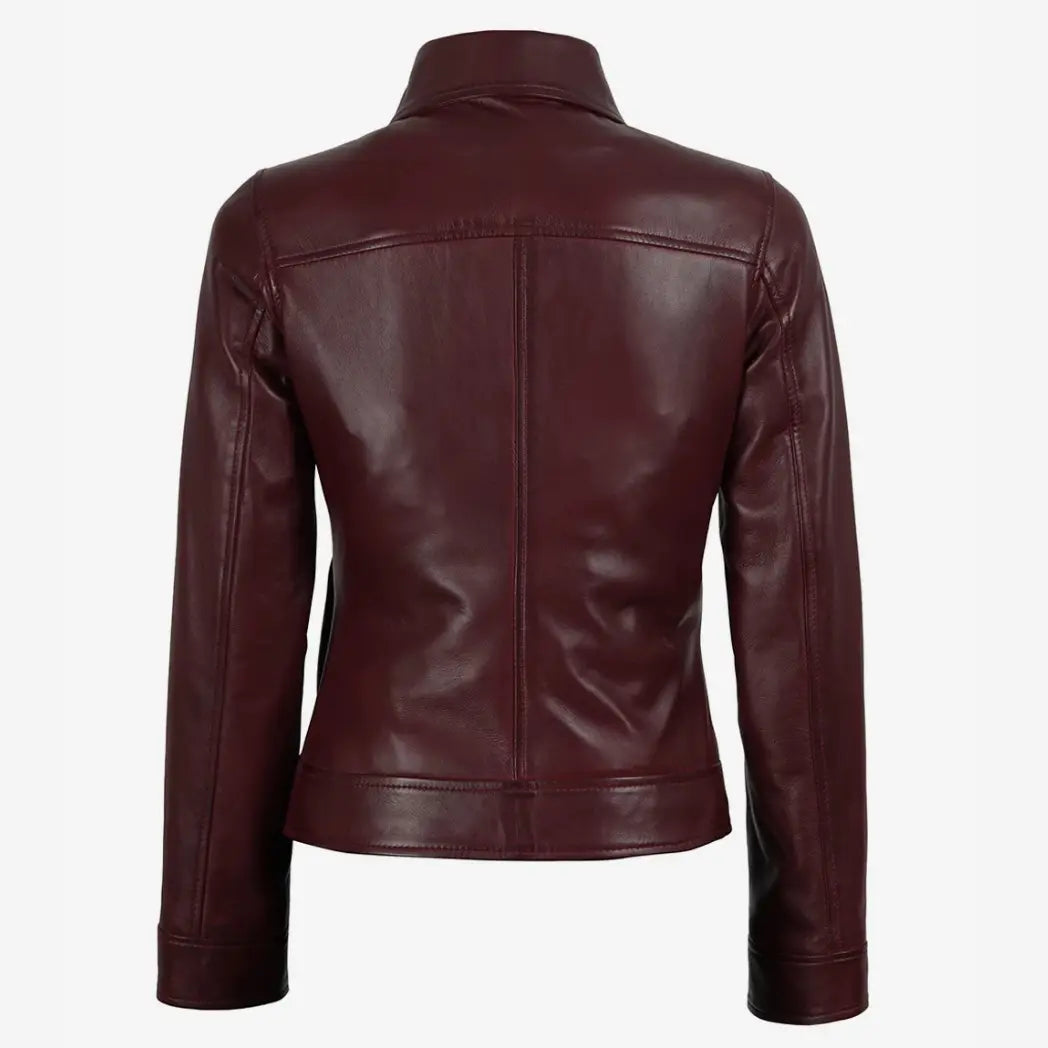 Women's Maroon Waxed Shirt Collar Harrington Leather Jacket
