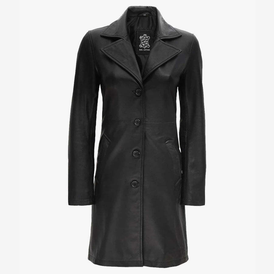 Women's Petite Black Notch Lapel Lambskin Leather Coat