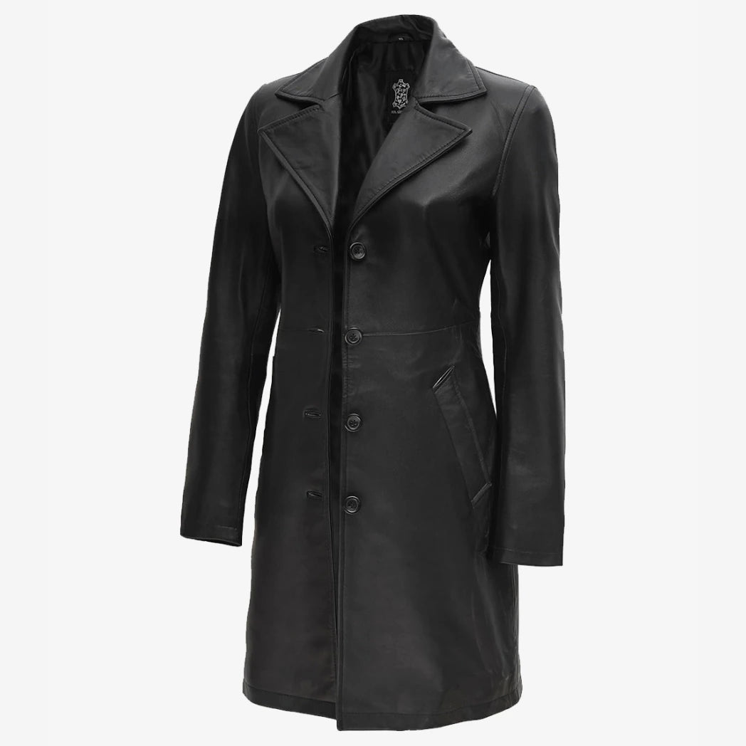 Women's Petite Black Notch Lapel Lambskin Leather Coat