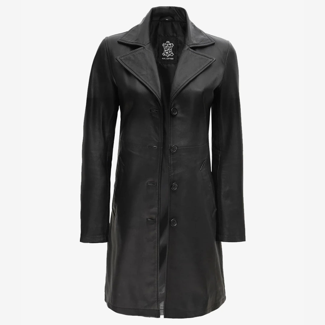 Women's Petite Black Notch Lapel Lambskin Leather Coat