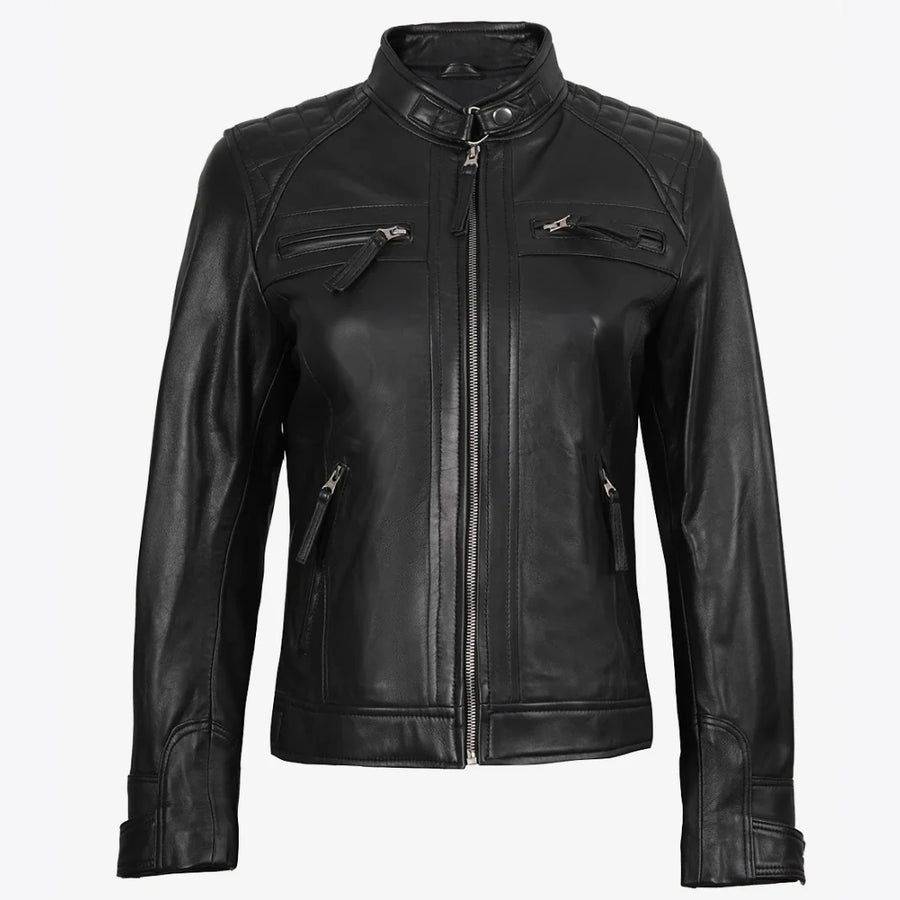Women's Petite Black Quilted Biker Style Leather Jacket