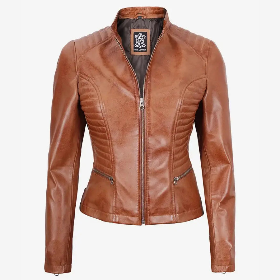 Women's Petite Tan Biker Style Leather Jacket