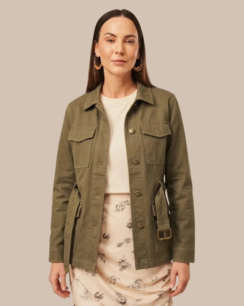 Women's Green Premium Cotton Utility Jacket with Waist Belt