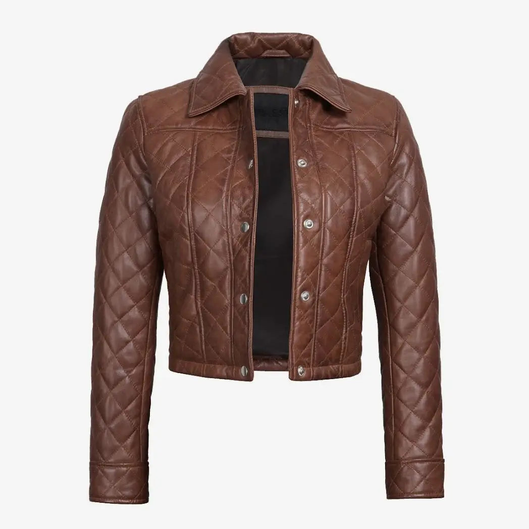 Women's Quilted Cropped Cognac Real Leather Jacket