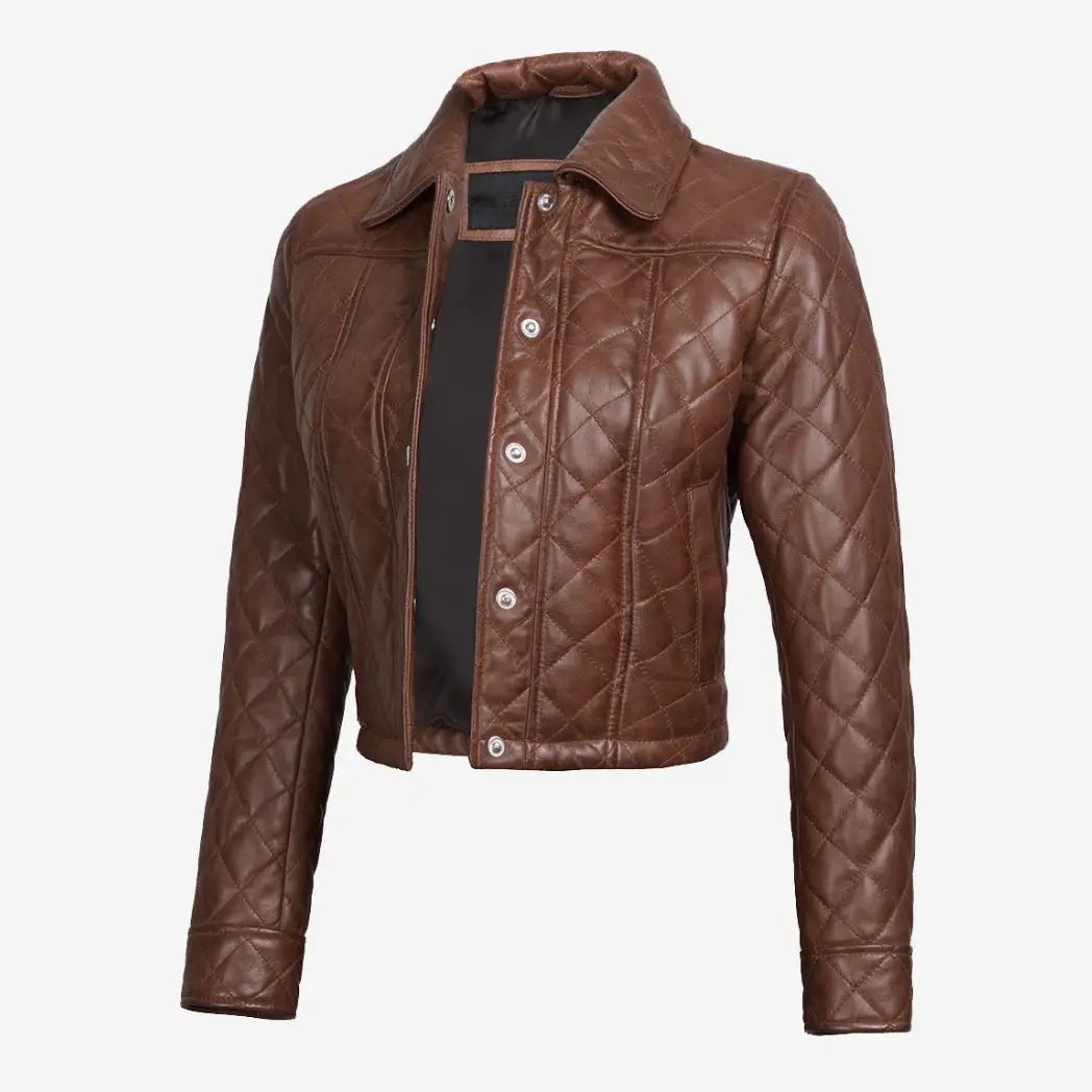 Women's Quilted Cropped Cognac Real Leather Jacket