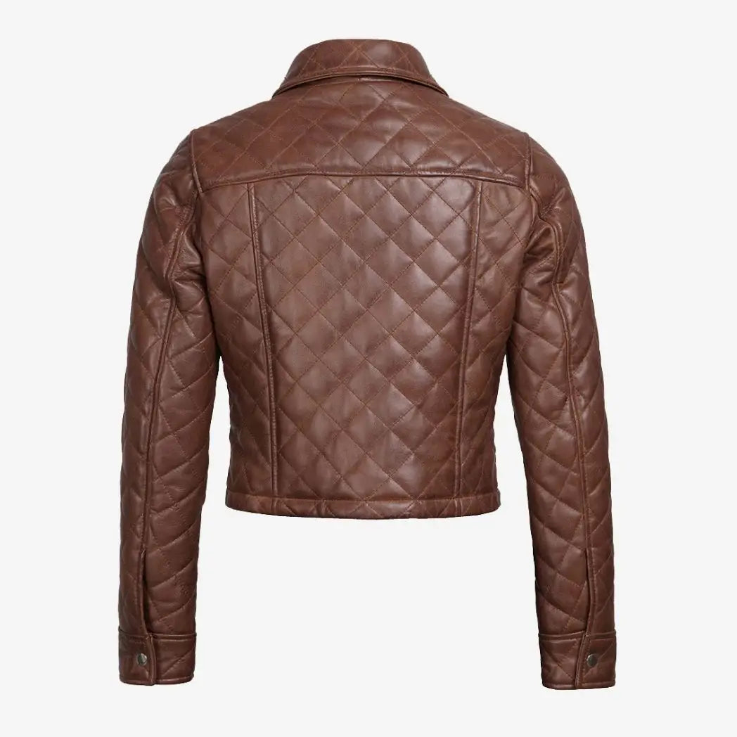 Women's Quilted Cropped Cognac Real Leather Jacket