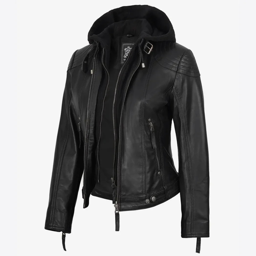 Women's Real Black Lambskin Leather Jacket With Hood