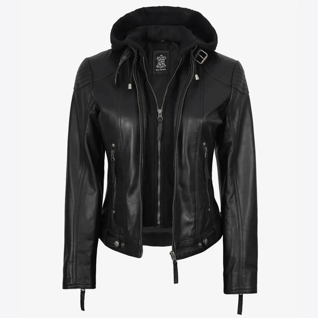 Women's Real Black Lambskin Leather Jacket With Hood