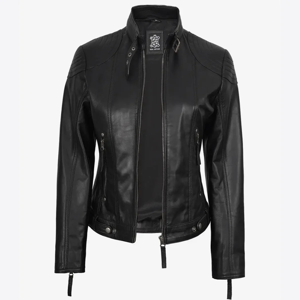 Women's Real Black Lambskin Leather Jacket With Hood