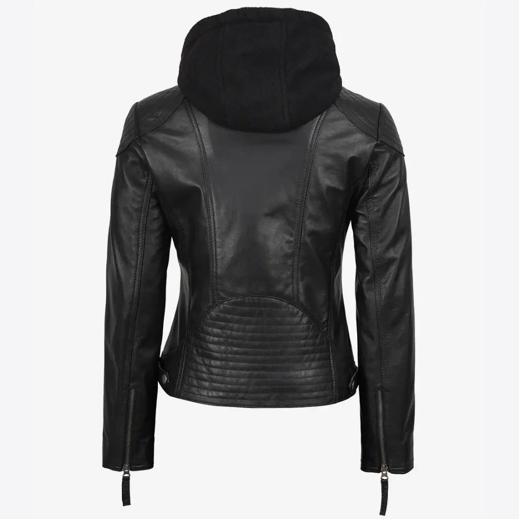 Women's Real Black Lambskin Leather Jacket With Hood