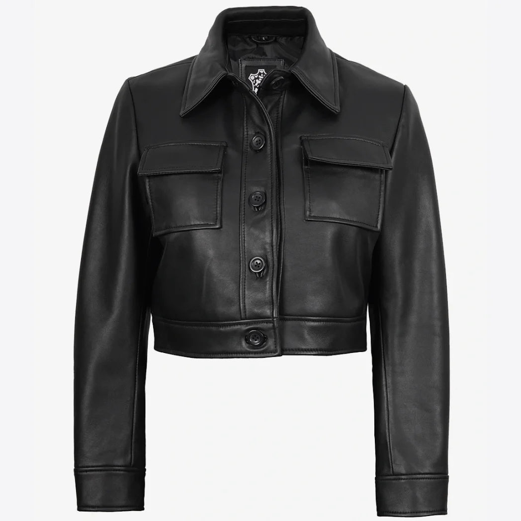 Women's Real Lambskin Leather Black Cropped Trucker Jacket