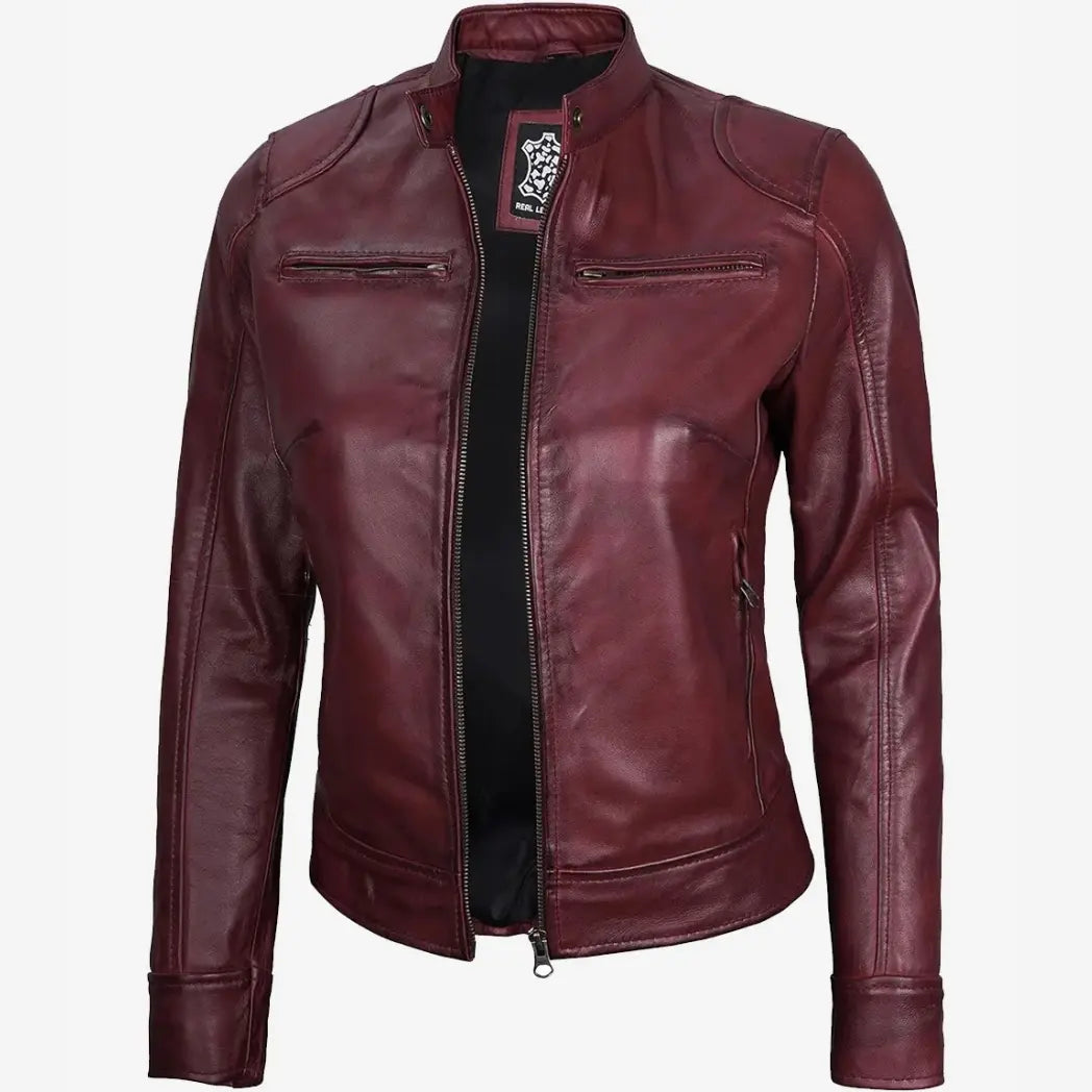 Women's Real Lambskin Leather Burgundy Biker Style Jacket