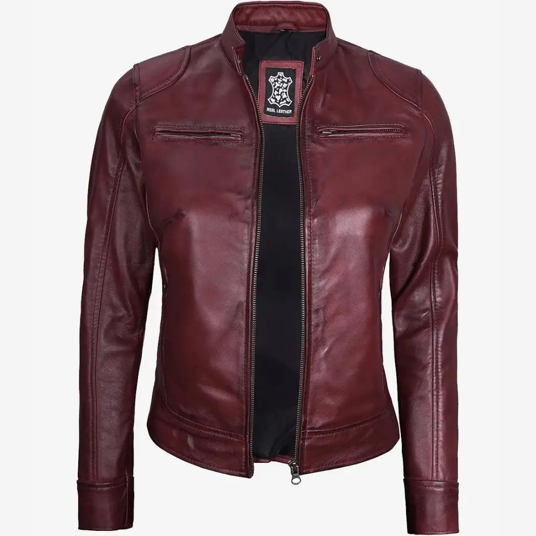Women's Real Lambskin Leather Burgundy Biker Style Jacket