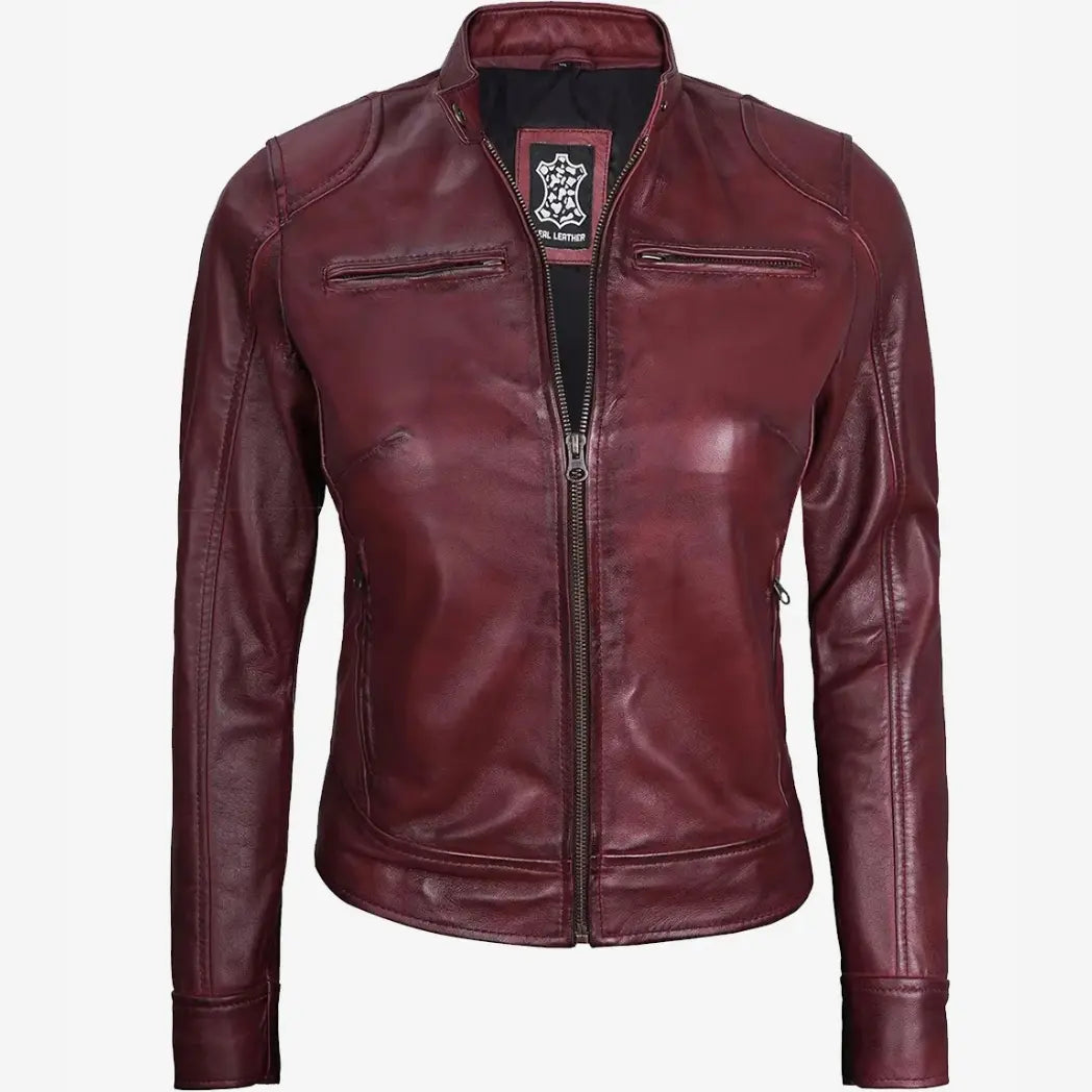 Women's Real Lambskin Leather Burgundy Biker Style Jacket