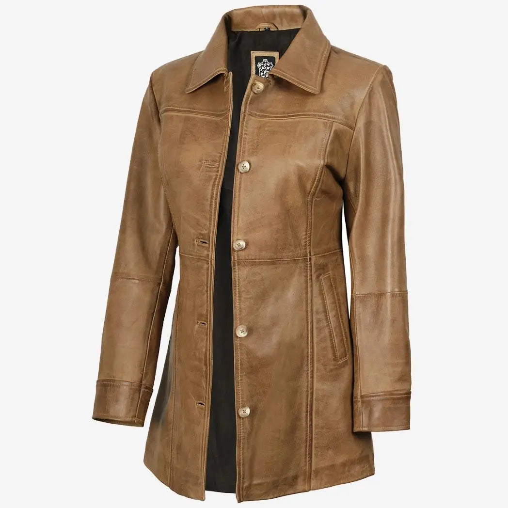 Women's Real Lambskin Leather Camel Brown Coat