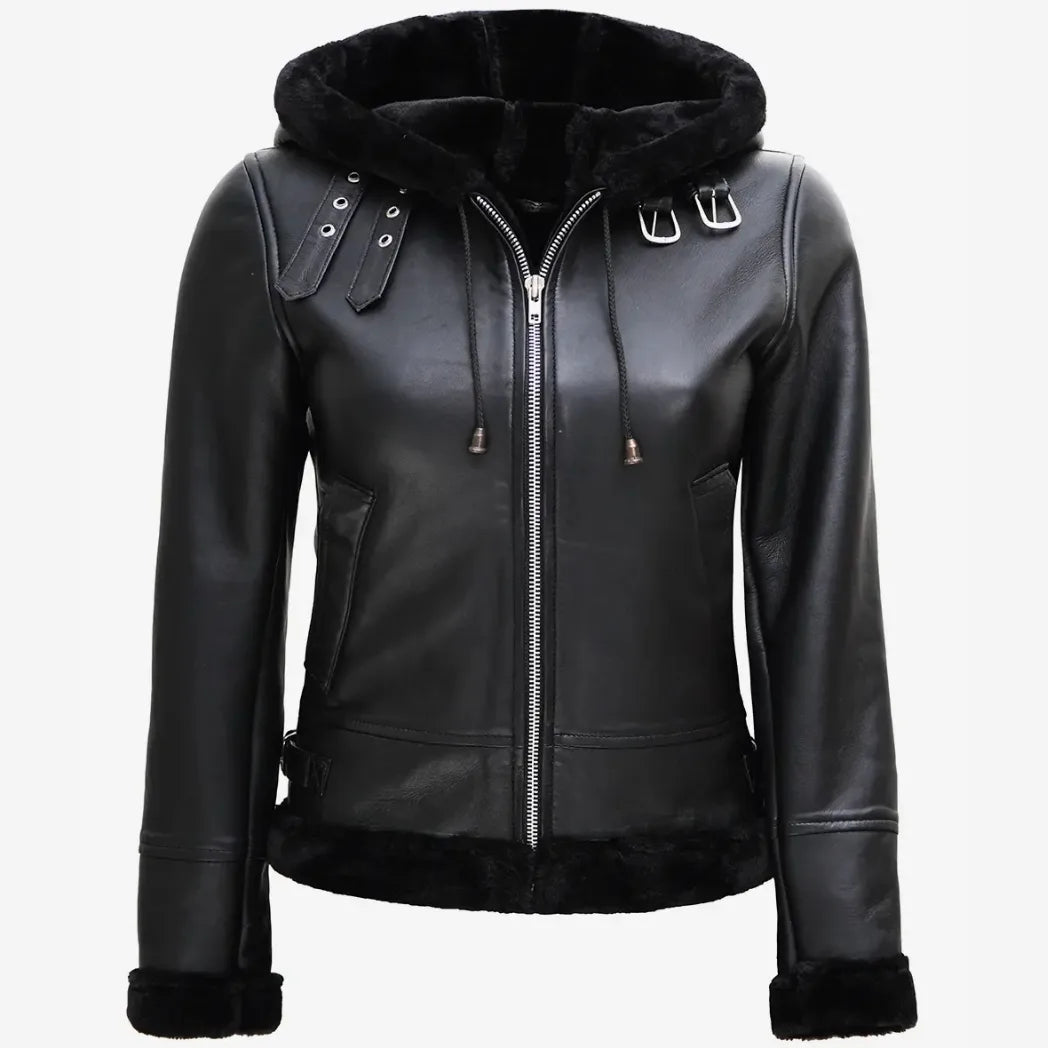 Women's Real Lambskin Leather Hooded Black Shearling Jacket