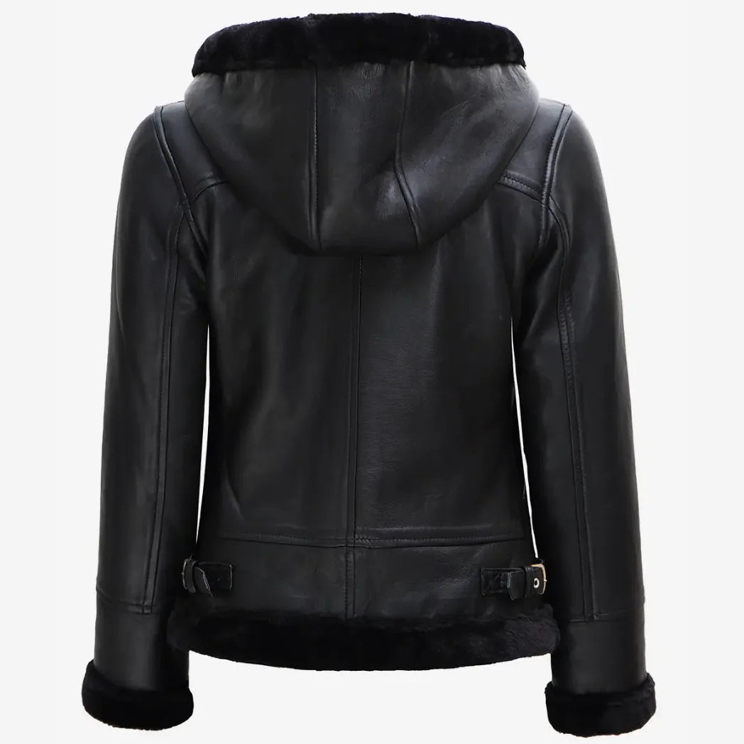 Women's Real Lambskin Leather Hooded Black Shearling Jacket