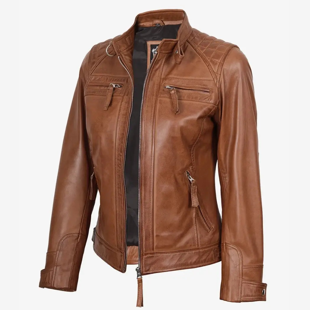 Women's Real Lambskin Leather Tan Quilted Biker Style Jacket
