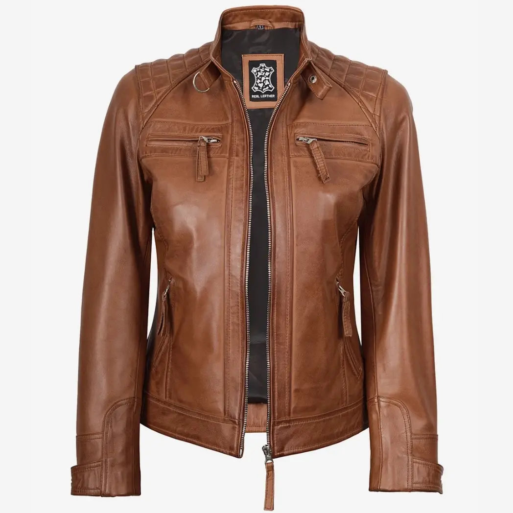 Women's Real Lambskin Leather Tan Quilted Biker Style Jacket
