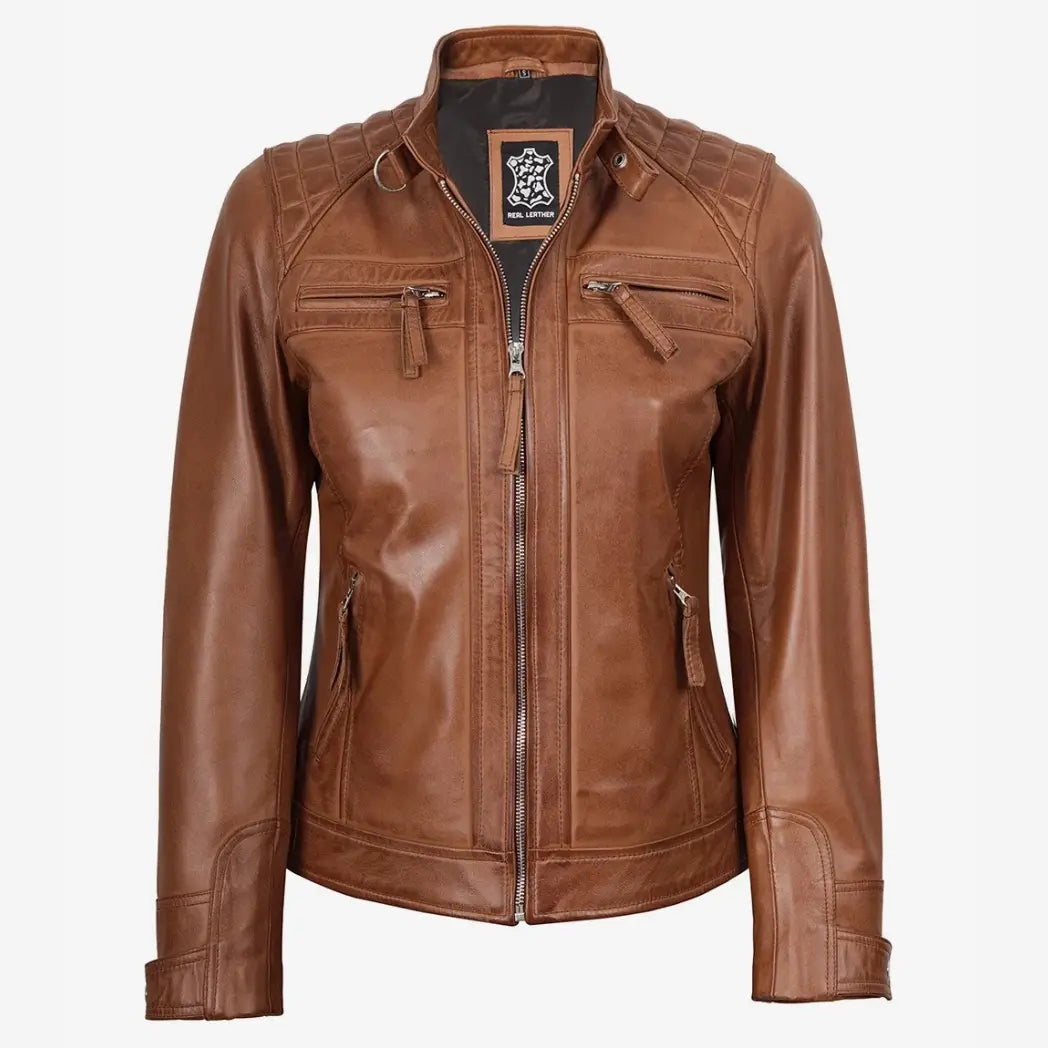 Women's Real Lambskin Leather Tan Quilted Biker Style Jacket