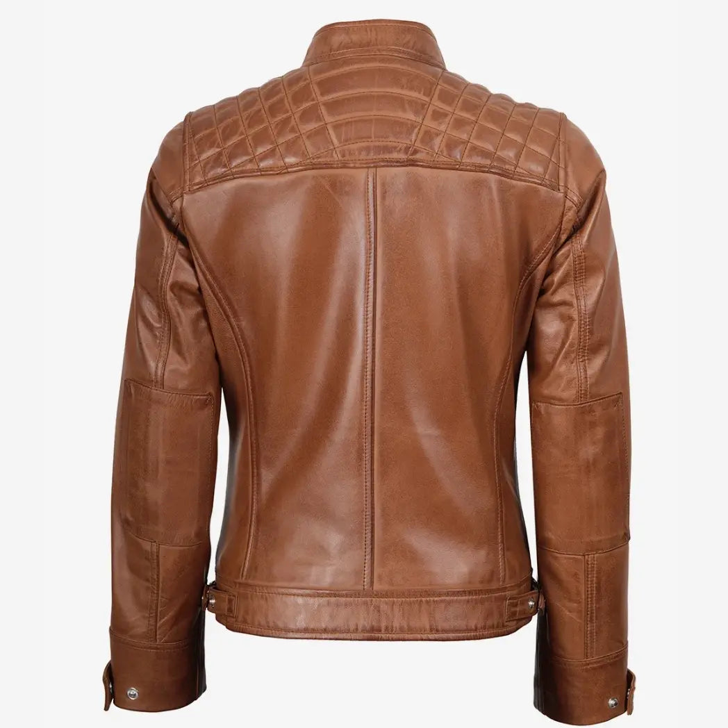 Women's Real Lambskin Leather Tan Quilted Biker Style Jacket
