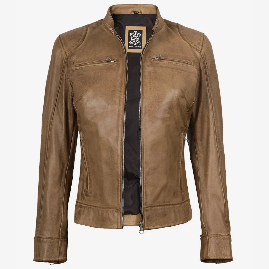 Women's Real Leather Camel Biker Style Jacket