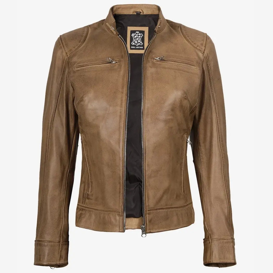 Women's Real Leather Camel Biker Style Jacket