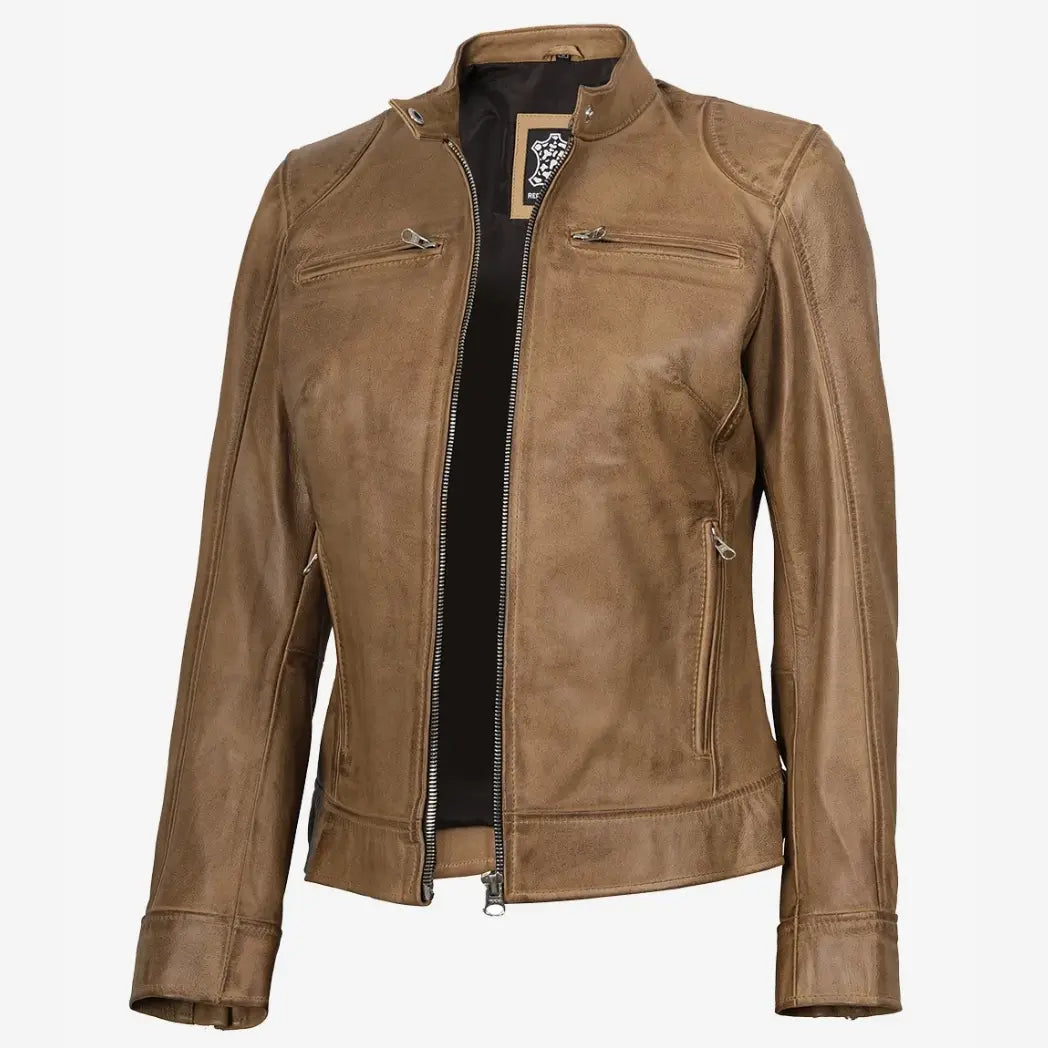 Women's Real Leather Camel Biker Style Jacket