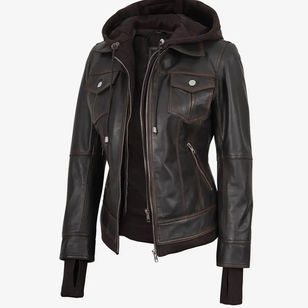 Women's Distressed Brown Leather Bomber Jacket with Removable Hood