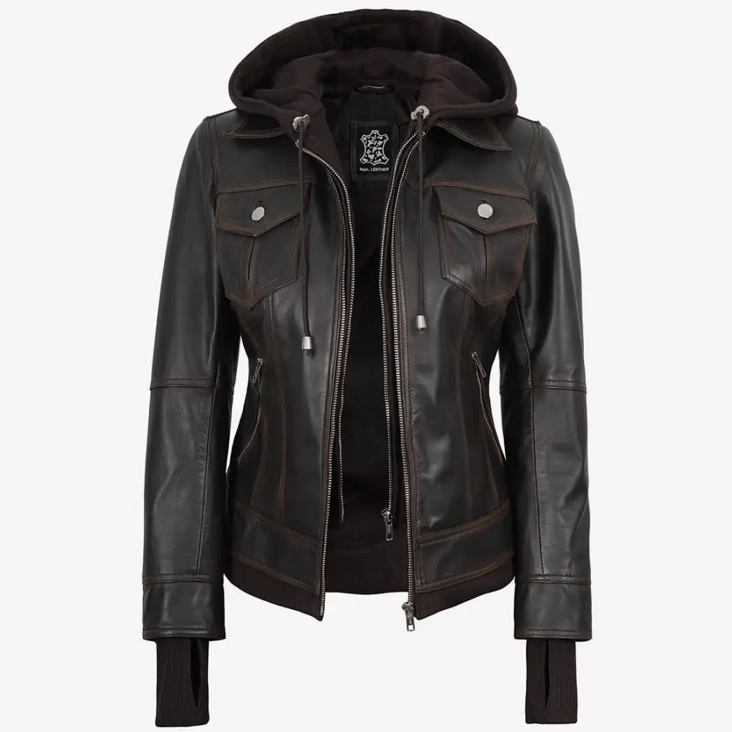 Women's Distressed Brown Leather Bomber Jacket with Removable Hood