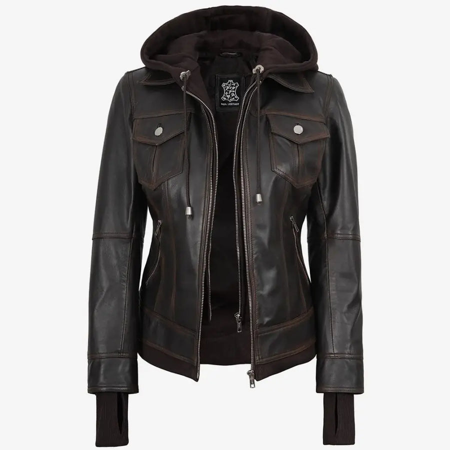 Women's Distressed Brown Leather Bomber Jacket with Removable Hood