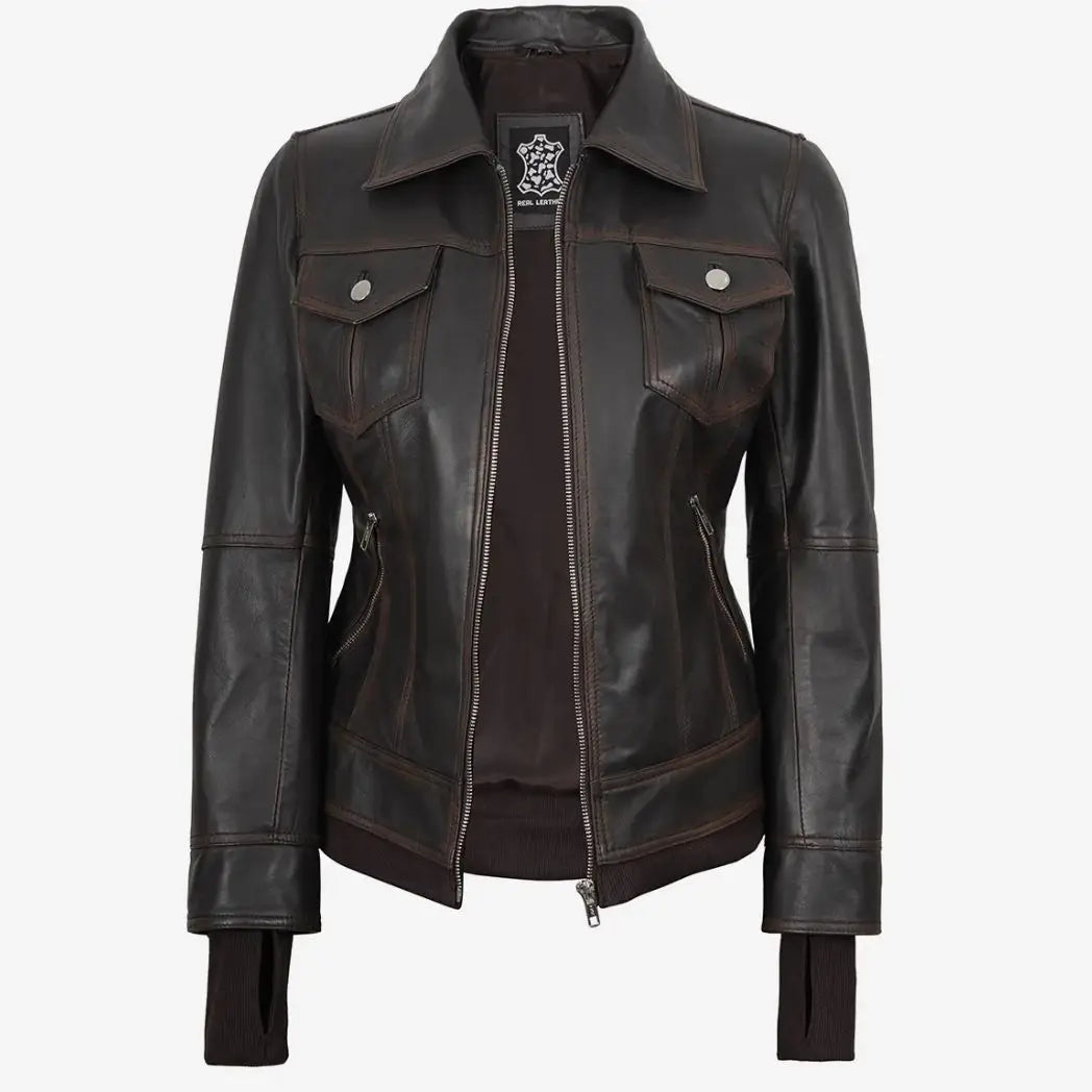 Women's Distressed Brown Leather Bomber Jacket with Removable Hood
