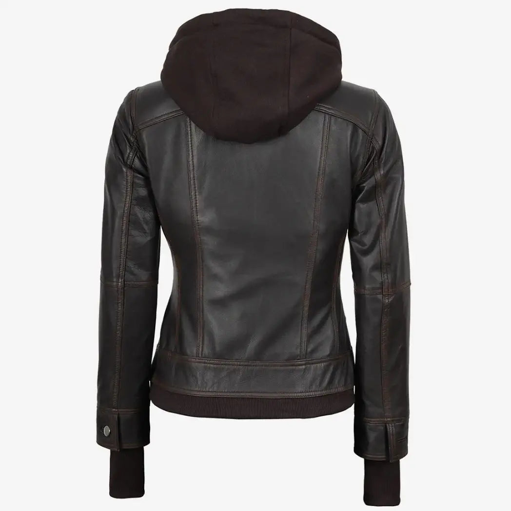Women's Distressed Brown Leather Bomber Jacket with Removable Hood