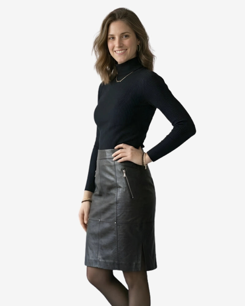 Women’s Real Leather Midi Skirt with Back Zipper Detail