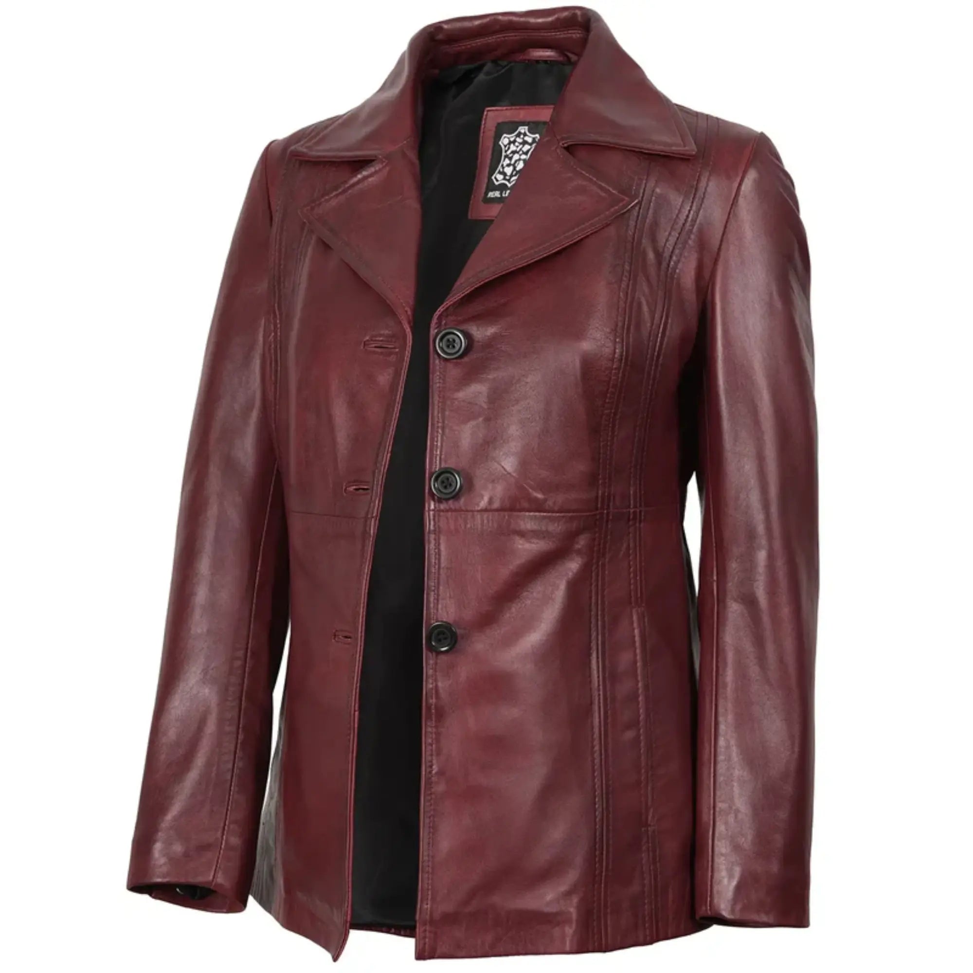 Women’s Real Leather Three Buttoned Maroon Blazer
