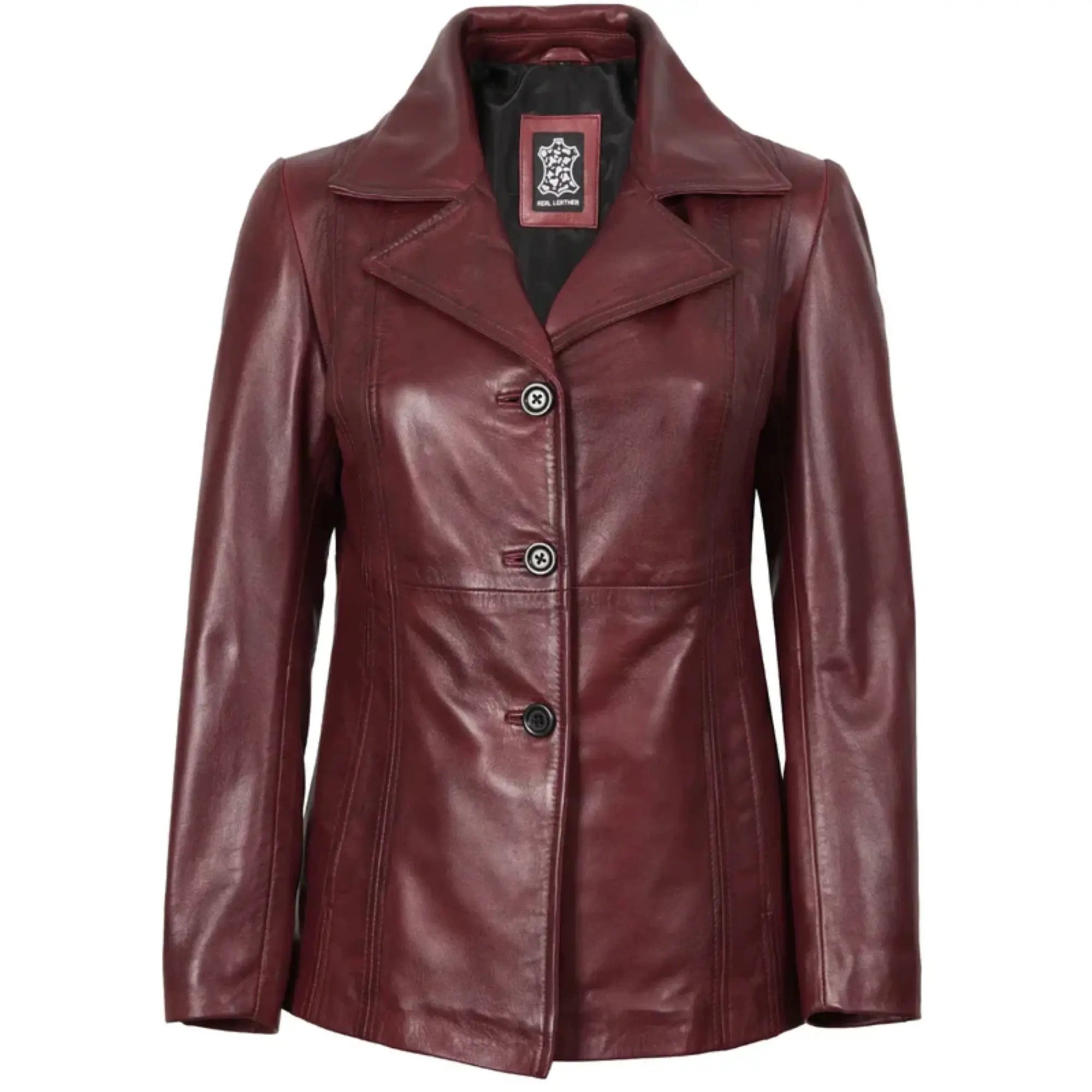 Women’s Real Leather Three Buttoned Maroon Blazer