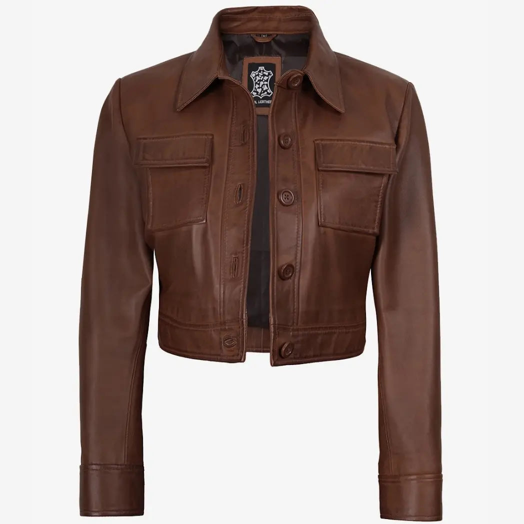 Women's Real leather Cognac Cropped Trucker Jacket