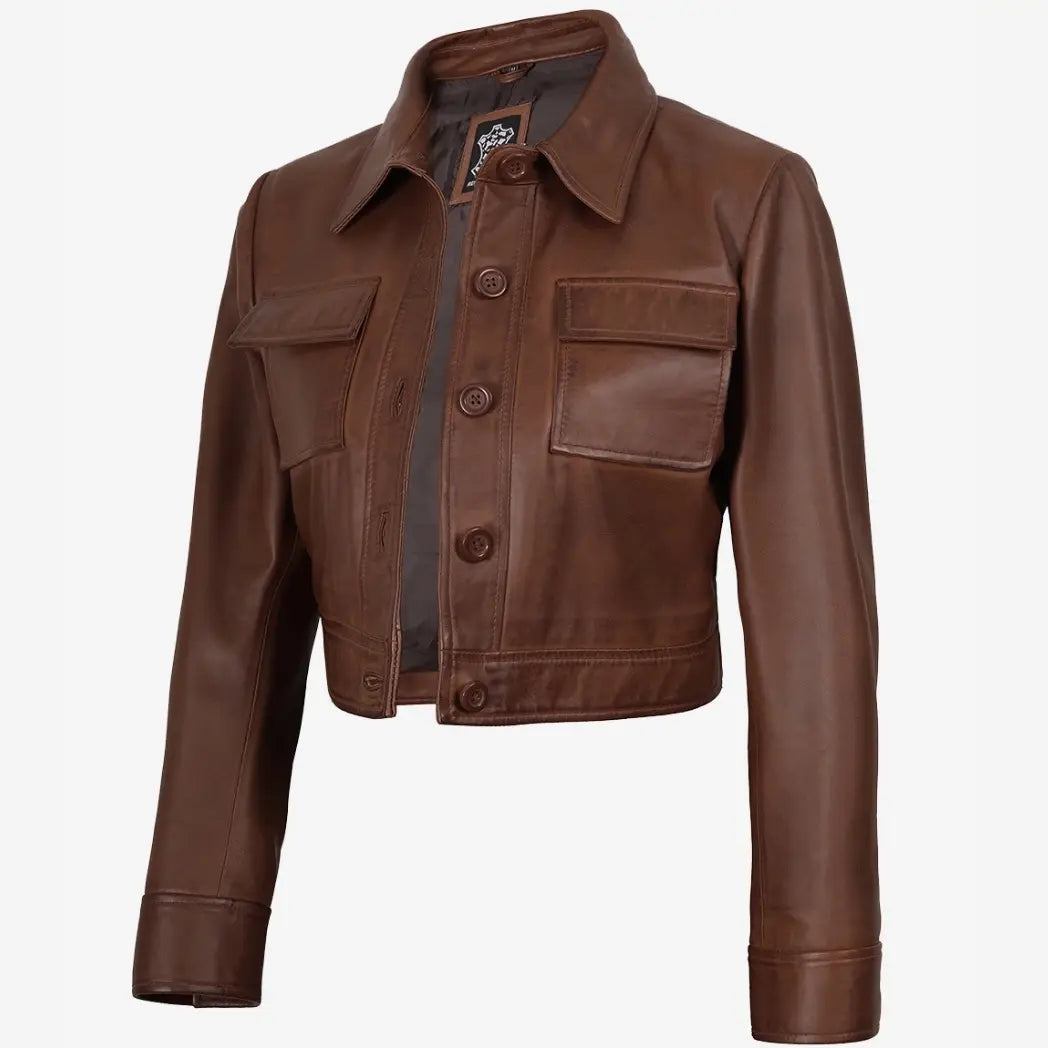 Women's Real leather Cognac Cropped Trucker Jacket