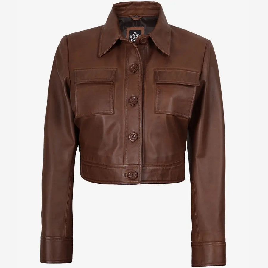 Women's Real leather Cognac Cropped Trucker Jacket